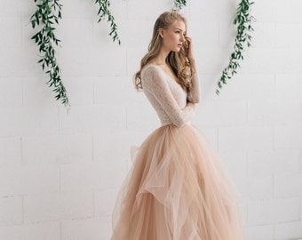 Wedding Dress , Champagne Nude Ivory Bridal Dress, Two Piece Wedding Dress, Alternative Wedding Dress , Long Sleeve Tulle Dress - MELANIE