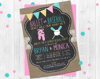 Gender Reveal Invitations, ballet or baseball, gender announcement, lace, country rustic, burlap, chalkboard, gender neutral, baseball