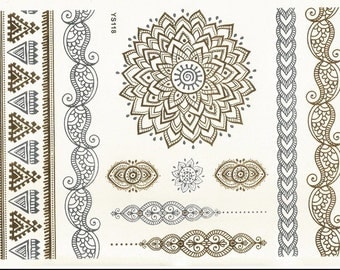 Metallic Temporary Tattoos- Henna mandala mehendi designs intricate designs on Gold Silver Body art for women