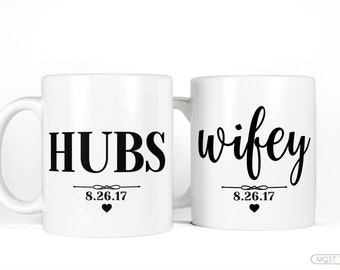 Personalized Wedding Gift Coffee Mug Set-Hubs and Wifey Mug Set-Customized Anniversary Gifts for Couples Mug Set-Husband Wife