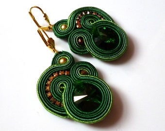 Boho Chic Soutache Earrings Green Swarovski Elegant Ethno Glamour Ohrringe Soutache Boucles d'oreilles soutache Orecchini Soutache
