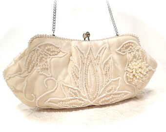 Vintage Beaded Evening Bag Ivory Wedding Purse Bridal Handbag Accessories VH-119