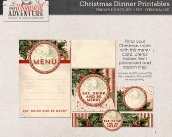 Christmas digital download, dinner printables, party decorations, menu, placecard, napkin ring, utensil holder, vintage Christmas party