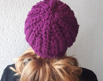 Winter wool beanie, Beanie hat purple, Crochet hat beanie, Beanie with flower, Winter accessory beanie, Crochet hat for her