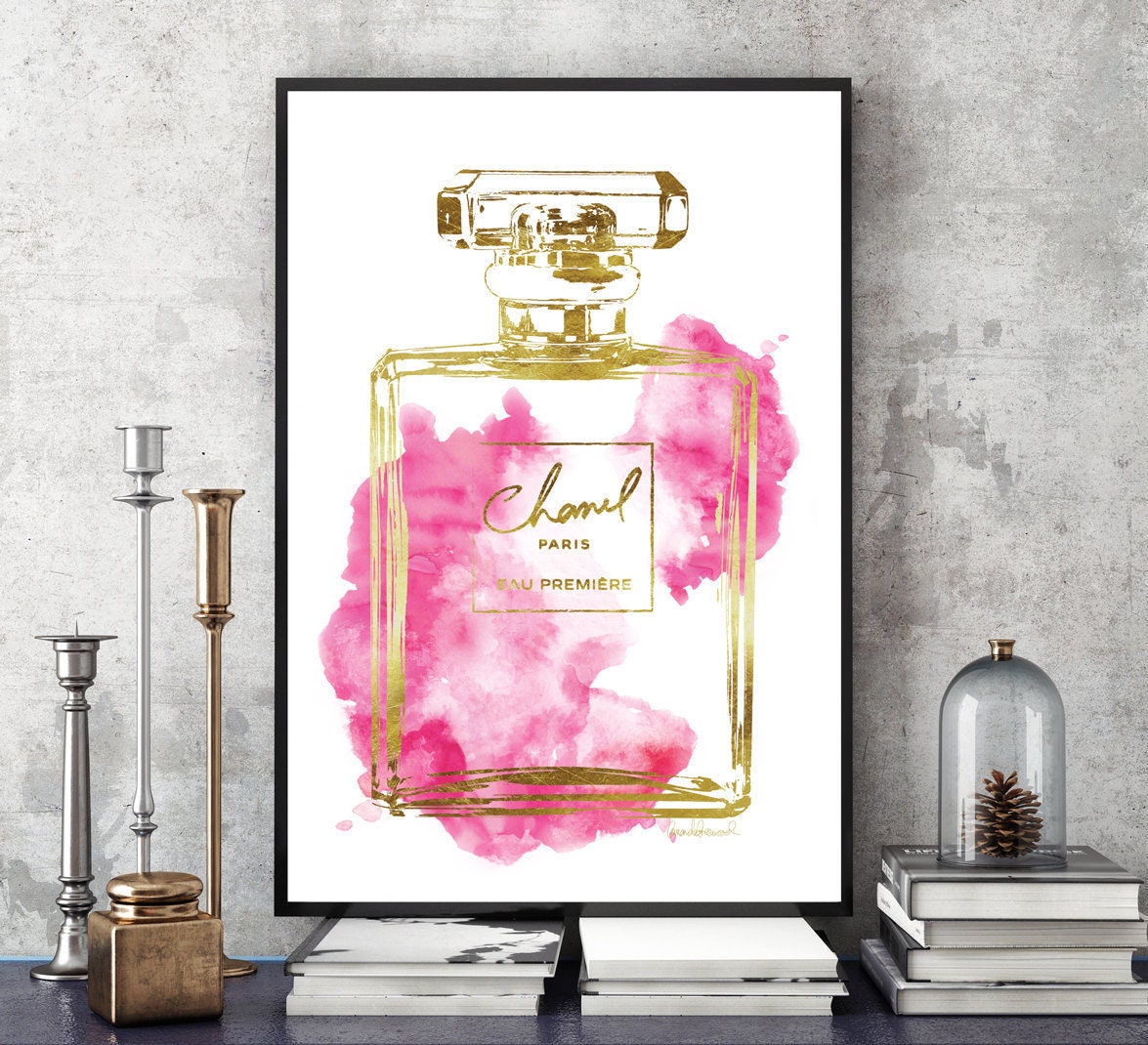 Fashion inspired print 24x36 inches Pink watercolor with gold