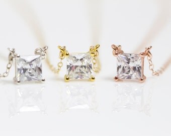 Gorgeous Solitaire Diamond Necklace / Cushion Cut Necklace / Cz Necklace / Princess Cut Necklace / Everyday Necklace / Gold, Silver or Rose