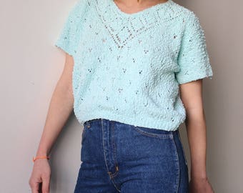 Mint to water / Pull handle short / Vintage / green water / sweater Crop top spring / hand made Tricote / 80's