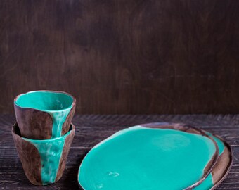 Two cups and plates turquoise set, japanese pottery, rustic tea set, raku cup, minimalist cup, wabi sabi cups, coffee cup, dinner set, urban