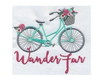 Wander Far Bicycle with flowers Embroidery Design - Instant Digital Download