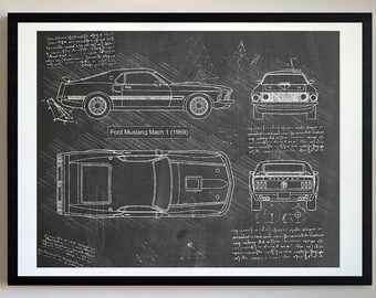 Ford Mustang Mach 1 (1969) Da Vinci Sketch, Mustang Artwork, Blueprint Patent Prints Posters, Mustang Decor, Art, Car Art, Cars (#175)