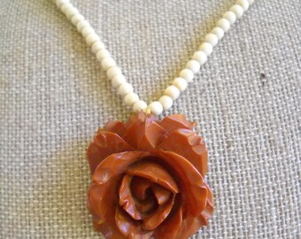 Vintage Brown Bakelite Rose Pendent Necklace with Ivory/Bone Beads