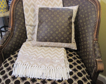 Pierre Deux Souleiado Le Petit Artichaut Border with Louis Vuitton Front on Pillow 14x14" Zippered, Insert Included