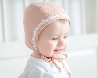 Classic Baby Bonnet Linen Cotton Organic Dusty Rose Pink Lace Girl Bonnet