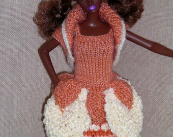 orange coat -Barbie - handmade- knit