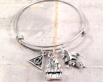 Harry Potter bracelet, Dragon Charm Bracelet, Castle charm, adjustable bangle, fantastic beast bracelet, Harry Potter fan