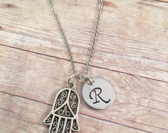 Hamsa charm necklace, Initial Necklace, Personalized stainless steel necklace, hand charm necklace, Hand charm, for her, good luck necklace