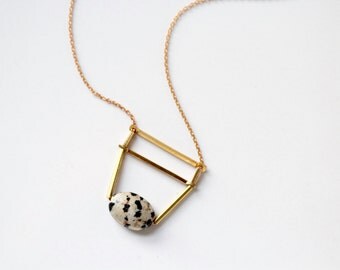 dalmatian jasper + brass parallel bars geometric necklace/oval polished jasper single stone pendant/horizontal gold bars/copper chain