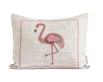 Rustic Flamingo Pillow, Pink Linen Flamingo Pillow, Tropical Decor, Flamingo Cushion With Insert, Gift For Her, flamingo Art