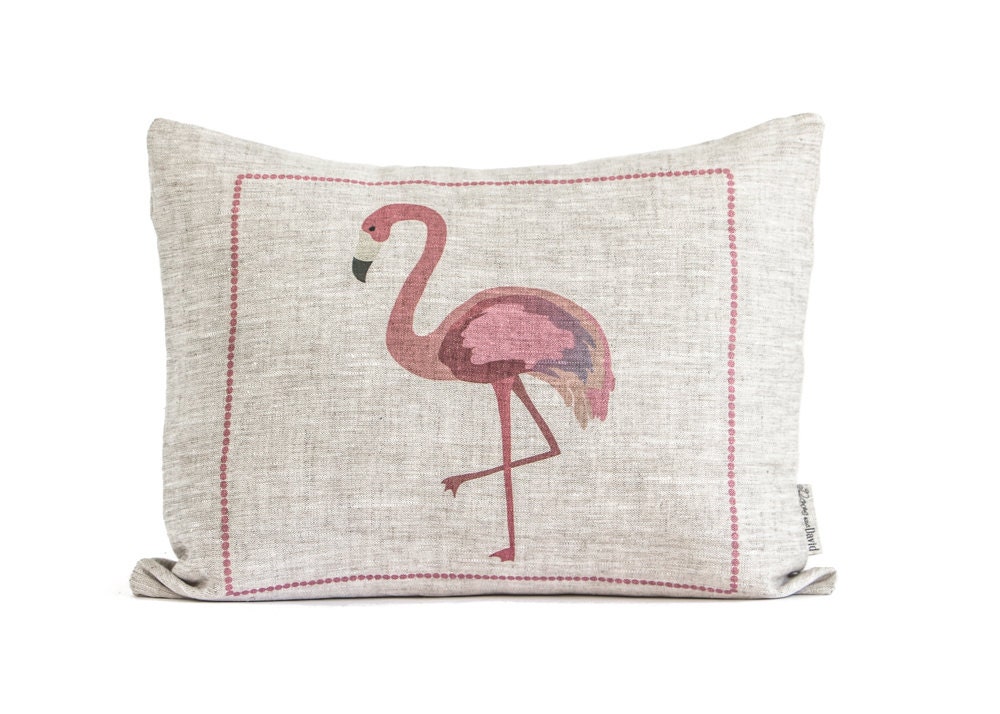 Rustic Flamingo Pillow, Pink Linen Flamingo Pillow, Tropical Decor, Flamingo Cushion With Insert, Gift For Her, flamingo Art