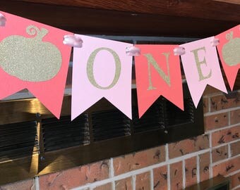 Little Pumpkin Banner, ONE Highchair Banner, 1st Birthday Party, Cake Smash, Pink & Gold Banner, Pumpkin Party, Gold Glitter, Pumpkin Banner