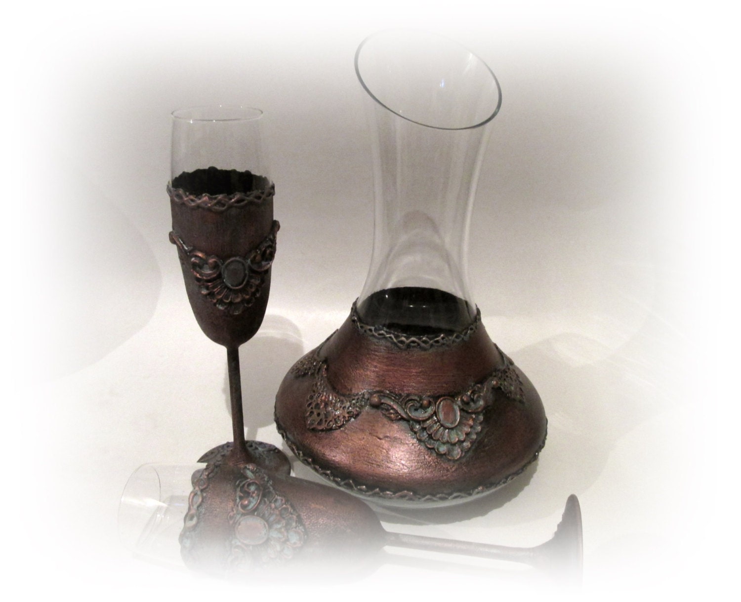 Rustic Copper Wedding Set Wine Decanter Champagne Flutes