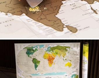 World Map Scratch Travel Map with Push Pins 34.6” x 23.6”