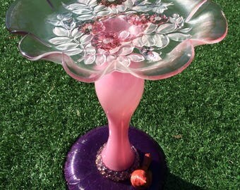 Glass Birdbath OR Bird Feeder/Yard Art for the Outdoor Garden/Recycled Garden Art/Hand crafted Bird Bath/Hand Painted Garden Art/Patio