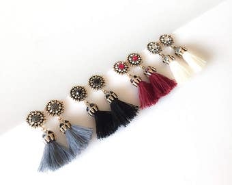 ANNATA Tassel Earrings in Gray, Black, Mulberry and Beige