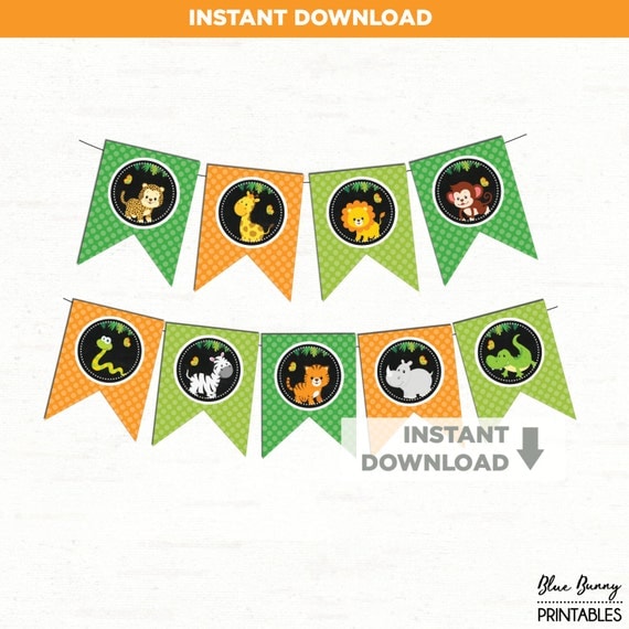 Jungle Party Banner. 8 Printable Pennant Flags. Jungle First