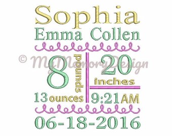 Birth Announcement Template Embroidery Subway Art Design - 4x4 5x7 6x10 - With PM / AM - Instant download - Machine embrodidery design