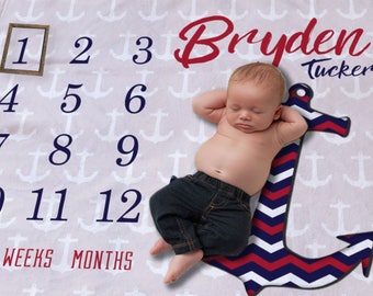 Nautical Baby Blanket - Monthly Baby Blanket - Baby Growth Gift - Newborn Photo Prop - Nautical Baby Bedding - Baby Boy Blanket - Baby Gift
