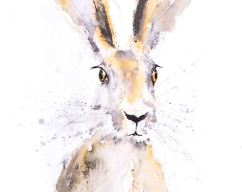 Hand Signed limited Edition Print of my Original Water Colour Painting of a Hare. Hare wall art, home decor, nursery art, wildlife animal.