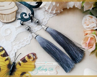 Tassel grey earrings Silk tribal jewelry Luxury earrings for bride Gift for girlfriend jewelry Long grey earrings for girl Boho jewelry