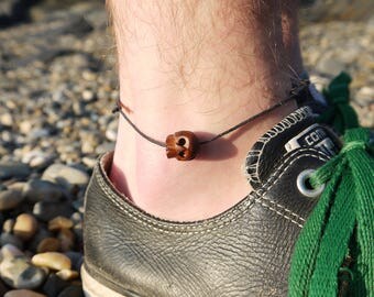 Mens Beach Anklet, Skull, beach, mens jewelry, surf, tribal, surfer, gift for him, unisex, adjustable, black cord
