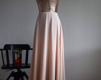 Sequin Bridesmaid Dress, Handmade, Champagne, Chiffon, Sleeveless Full Length Sequin Evening Prom Dress, Ballgown Dress, Evening Dress