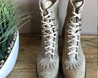 Distressed Leather Roper Boots Ecru with Cream Laces // Retro Leather Lace Up Western Boots Grey Brown // Leather Granny Boots Packer Boot
