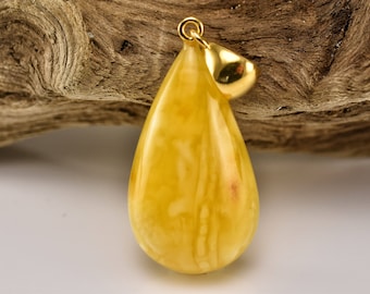 Butterscotch White Natural BALTIC AMBER Sterling Silver Gold Plated Drop Pendant 3.8g