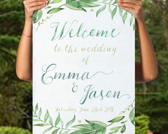 printable welcome to the wedding sign printable green wedding welcome sign greenery wedding decor leafy wreath custom sign customized sign