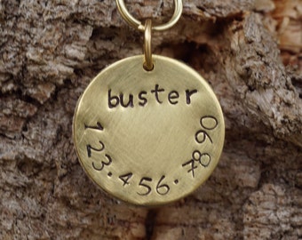Brass dog ID tag, 1 inch hand stamped dog tag, hand brushed dog ID tag, cork dog tag, dog tag silencer, sustainable dog tag