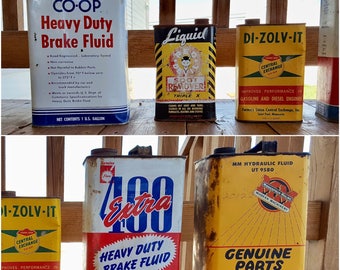 Vintage Oil Cans MM Minneapolis M 1 Gal - Coop Brake Fluid 1 G. 400 Extra Brake Fluid 1 G. Red Devil Soot Remover 1 Q Di Zolv It Set of Five