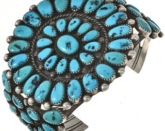 Vintage Old Pawn Kingman Turquoise Cluster Cuff Bracelet Alvin Boy 1988