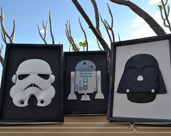 Illustration mask, darth vader, stormtrooper, r2d2 on paper with plastic frame. Paper sculpture with plastic star wars frame illustration