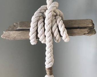 Industrial Nautical Lighting: Lt. Brown Driftwood & Thick White Cotton Rope Pendant - 20"W x 40"H (9ft. Rope Light w/ 40W Smoked Bulb Incl)