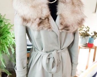 Light grey leather and fox fur jacket