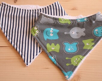 Handmade Baby Bandana Style Dribble Bibs - Baby to Toddler (Happy Monsters and Stripes)