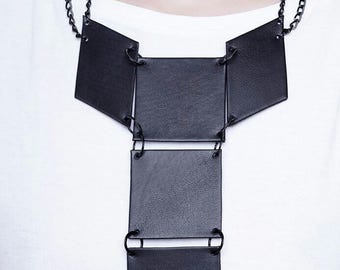 Leather necklace, Statement necklace, Geometric necklace, Bib necklace, Gift for her, Long leather necklace, accessories, leather jewelry