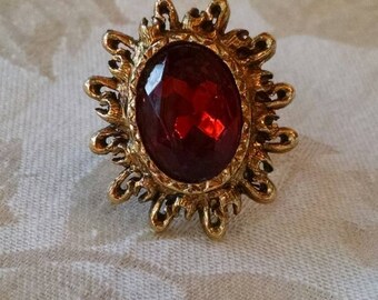 Large Vintage Rhinestone Ring, Costume Jewelry, Adjustable Ring, Orange, Red