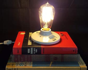 Recycled - Upcycled Stacked Book Lamp - Steampunk Industrial Lamps - Edison Style Bulb