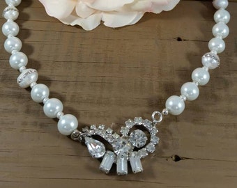 Vintage repurposed rhinestone and pearl wedding necklace
