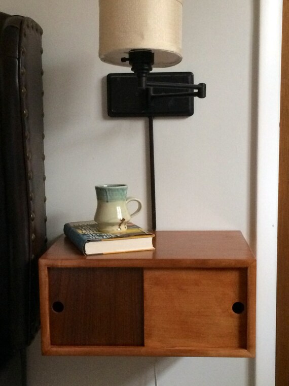 Items similar to Wood Floating Bedside Table with Sliding Doors and